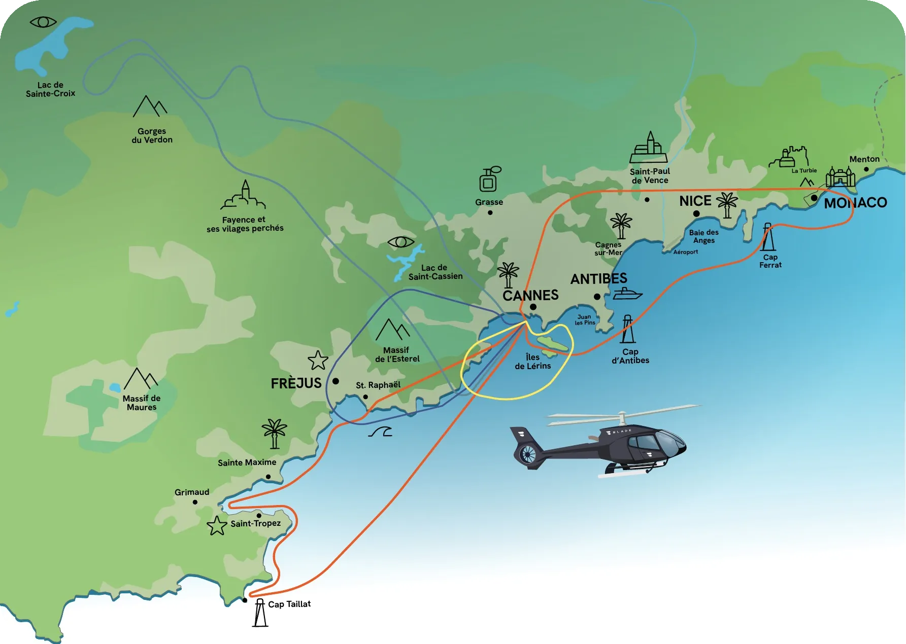 Carte des vols panoramiques en hélicoptère au départ de Cannes