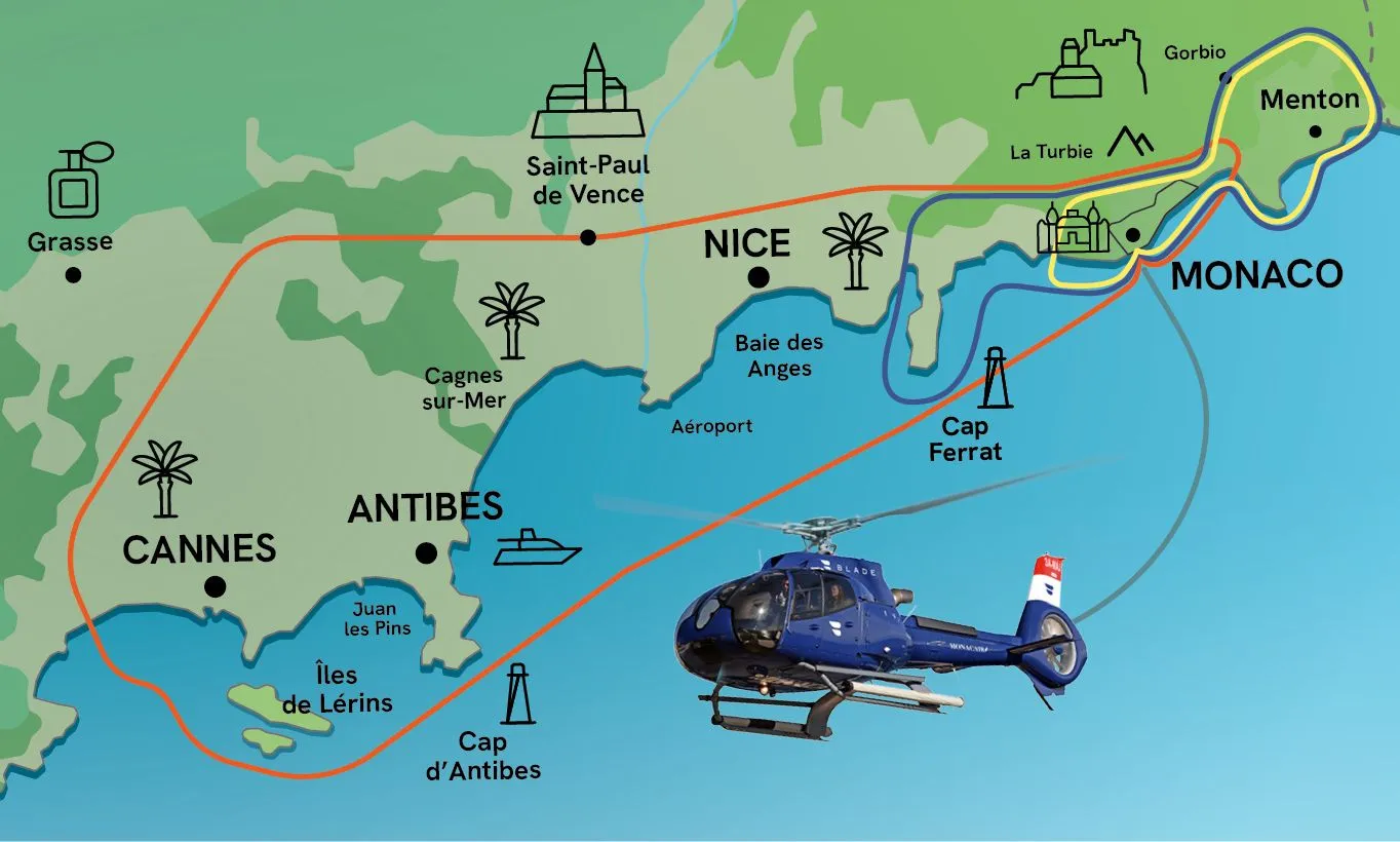 Carte des vols panoramiques en hélicoptère au départ de Monaco
