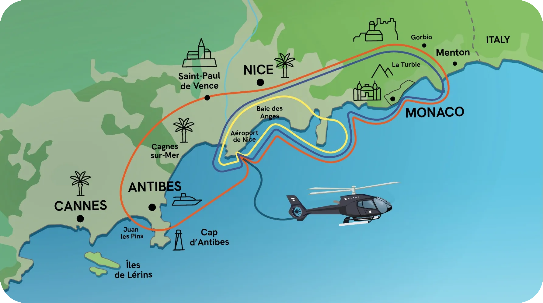 Carte des vols panoramiques en hélicoptère au départ de Nice