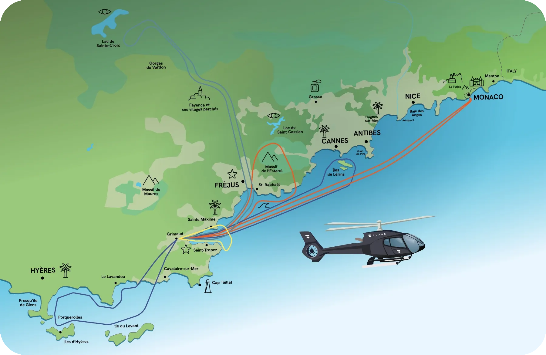 Carte des vols panoramiques en hélicoptère au départ de Saint-Tropez